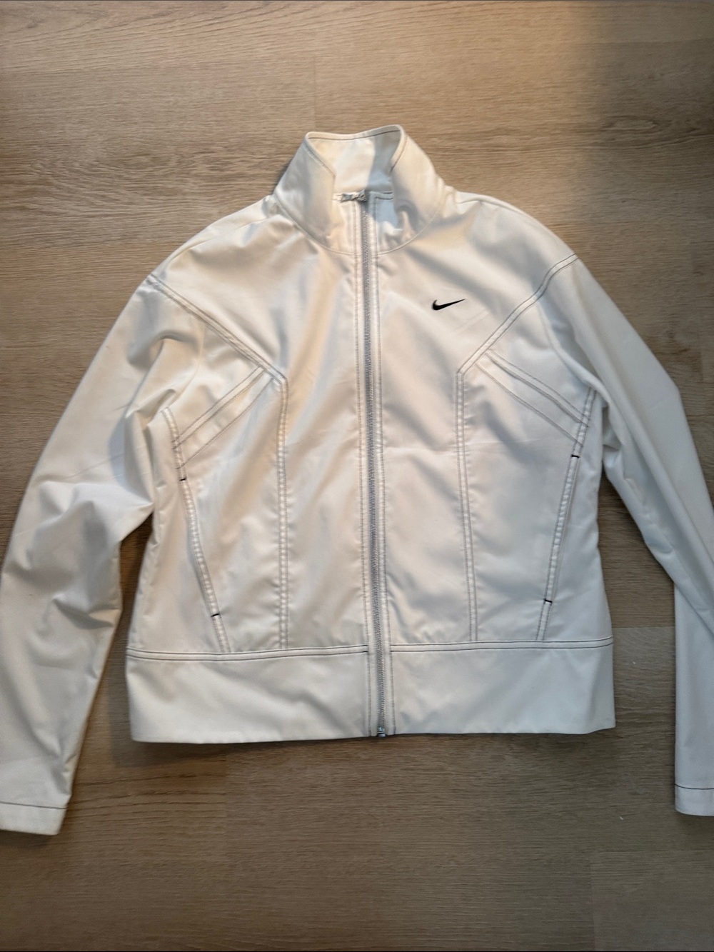 Nike Women's White Zip-Up Bomber Jacket with Black Swoosh